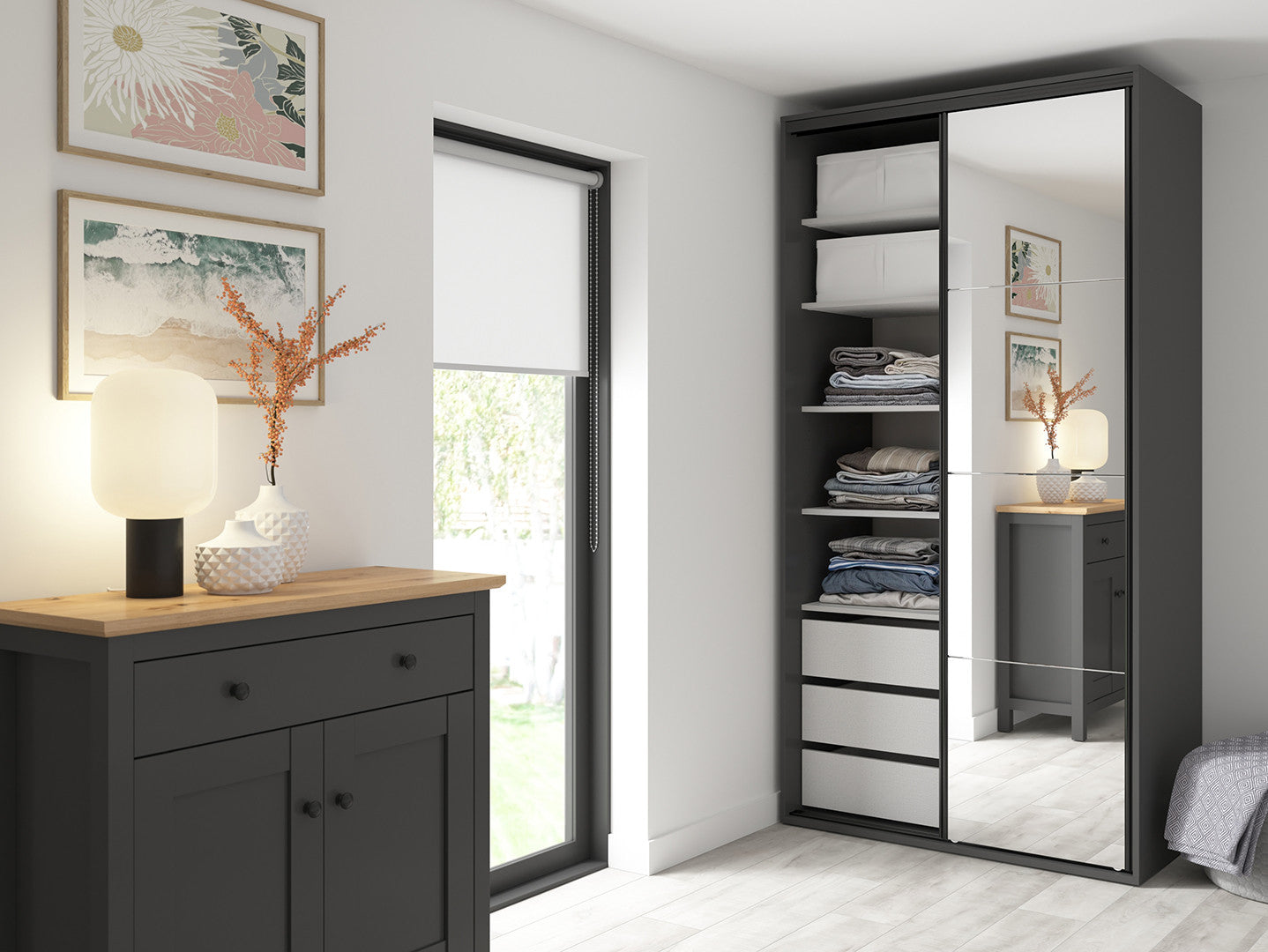 Flex Sliding Door Wardrobe 120 cm | Graphite & Artisan Oak | Mirror | 3 Soft-Close Drawers
