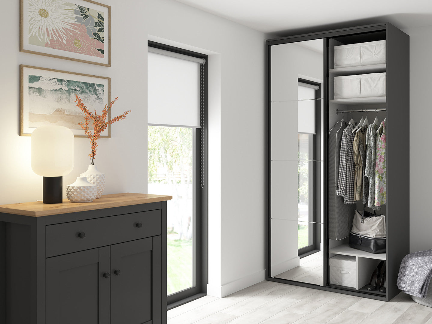 Flex Sliding Door Wardrobe 120 cm | Graphite & Artisan Oak | Mirror | 3 Soft-Close Drawers