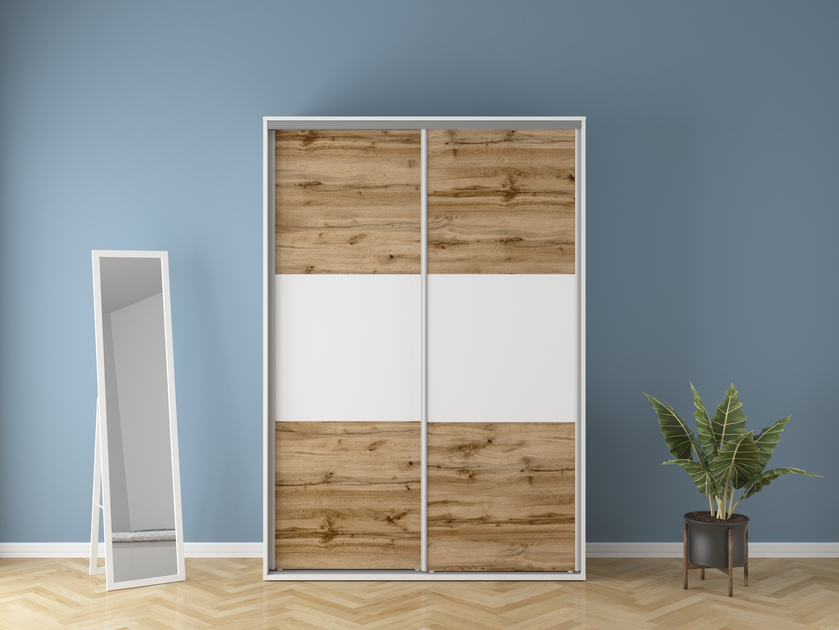 Flex Wardrobe 150 — 3 Drawers, Hanging Rail & Shelves, White & Wotan Oak