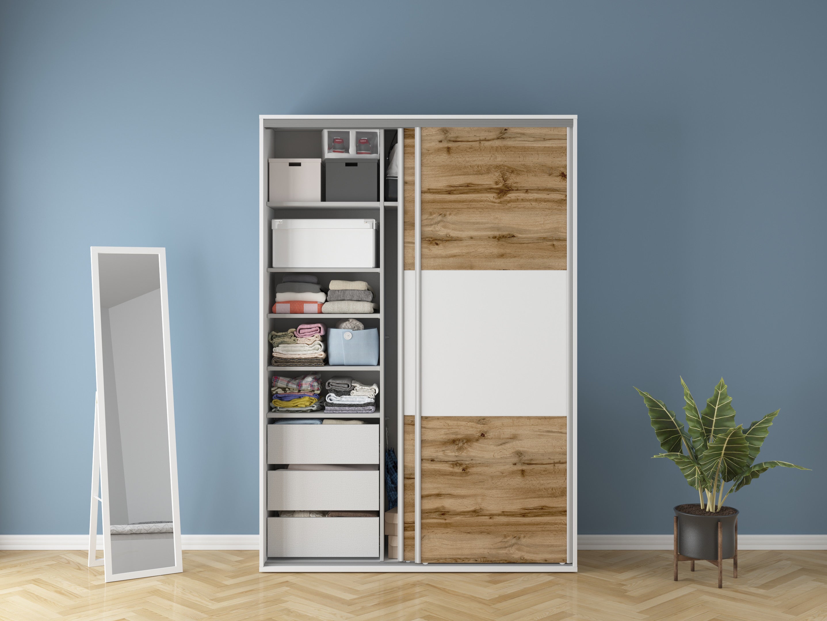 Flex Wardrobe 150 — 3 Drawers, Hanging Rail & Shelves, White & Wotan Oak