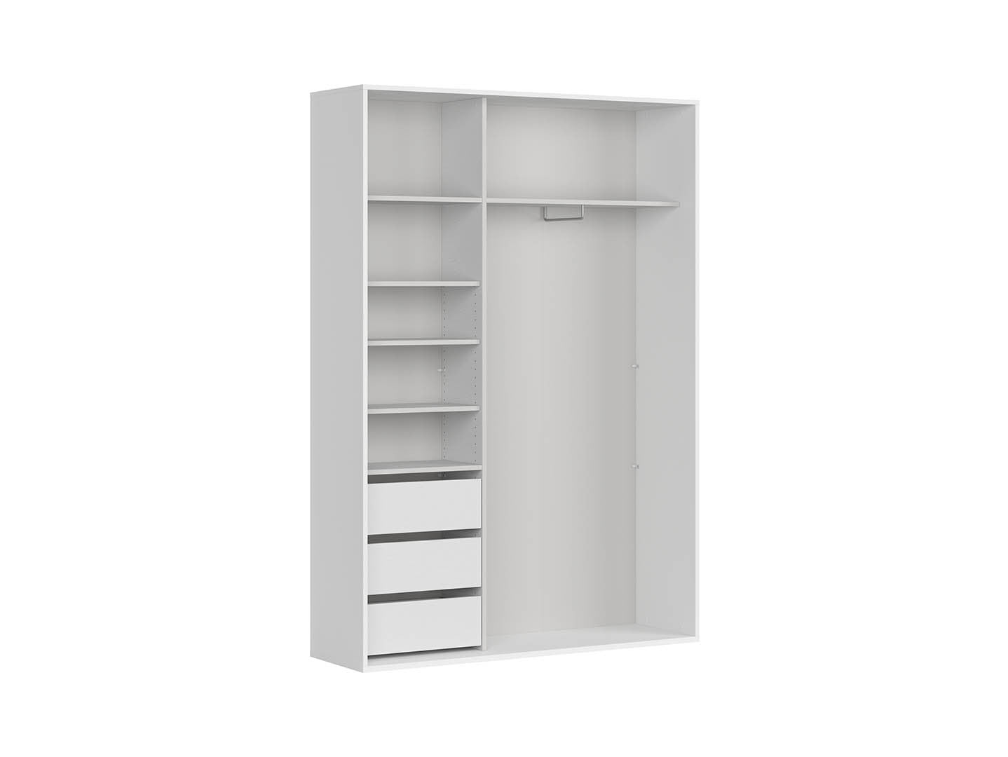 Flex Wardrobe 150 — 3 Drawers, Hanging Rail & Shelves, White & Wotan Oak