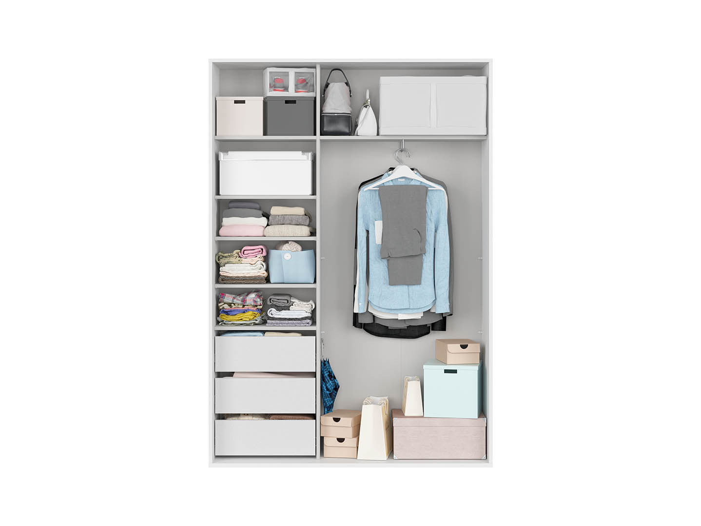 Flex Wardrobe 150 — 3 Drawers, Hanging Rail & Shelves, White & Wotan Oak