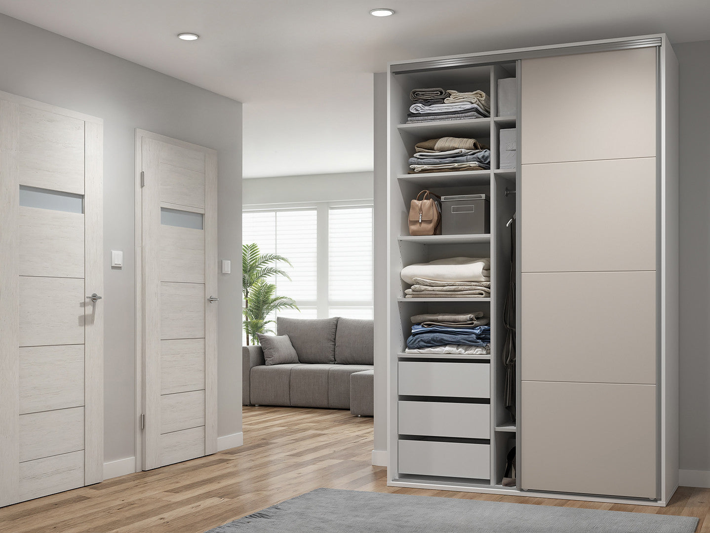 Flex Sliding Wardrobe 150 cm with Mirror – White & Cashmere