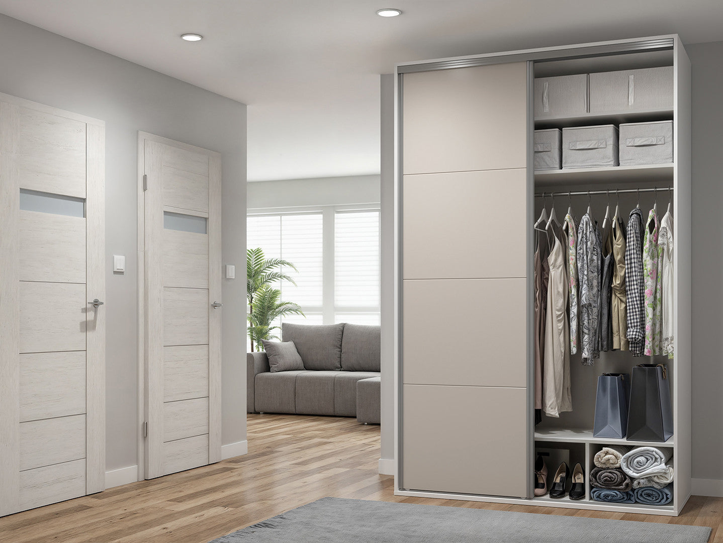 Flex Sliding Wardrobe 150 cm with Mirror – White & Cashmere