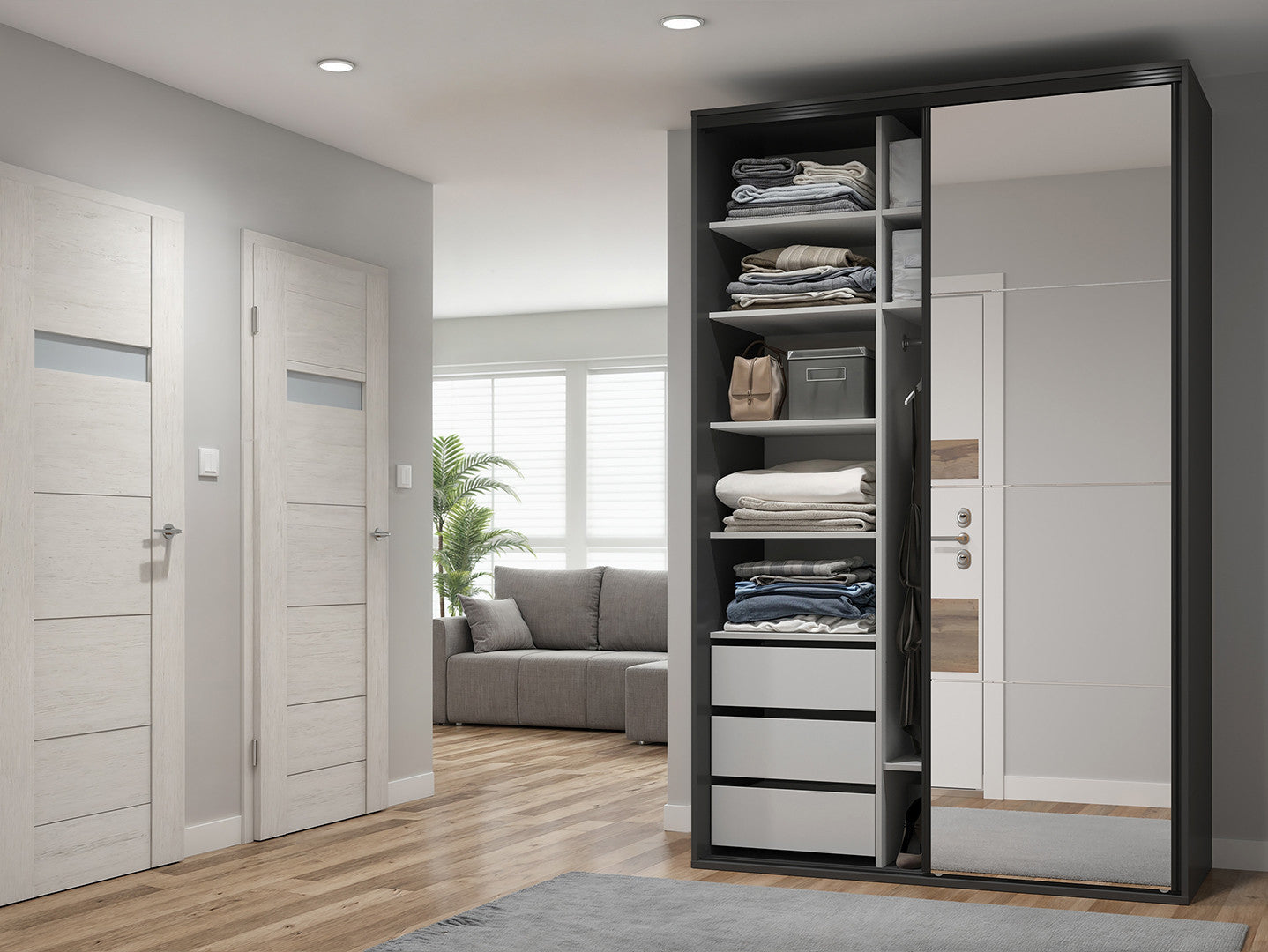 Flex Sliding Door Wardrobe 150 cm with Mirror – Graphite & Artisan Oak