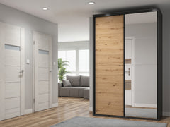 Flex Sliding Door Wardrobe 150 cm with Mirror – Graphite & Artisan Oak