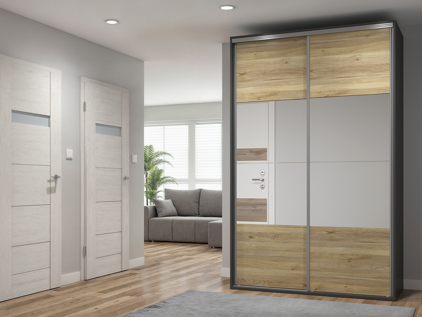 Flex Sliding Wardrobe 150x240 cm – Graphite & Mauvella Oak, Mirror, 5 Shelves, 3 Drawers