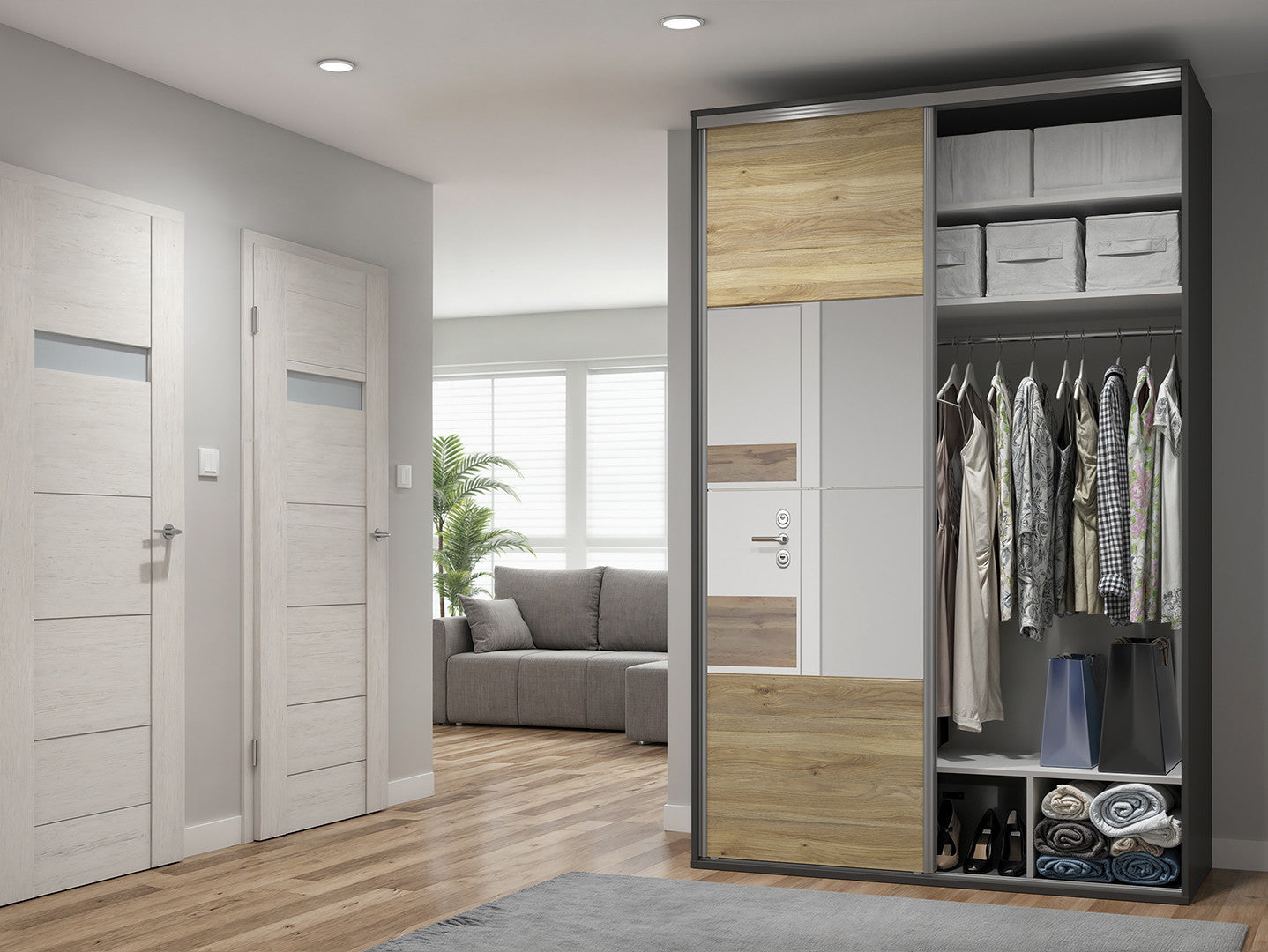 Flex Sliding Wardrobe 150x240 cm – Graphite & Mauvella Oak, Mirror, 5 Shelves, 3 Drawers