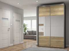 Flex Sliding Wardrobe 150x240 cm – Graphite & Mauvella Oak, Mirror, 5 Shelves, 3 Drawers
