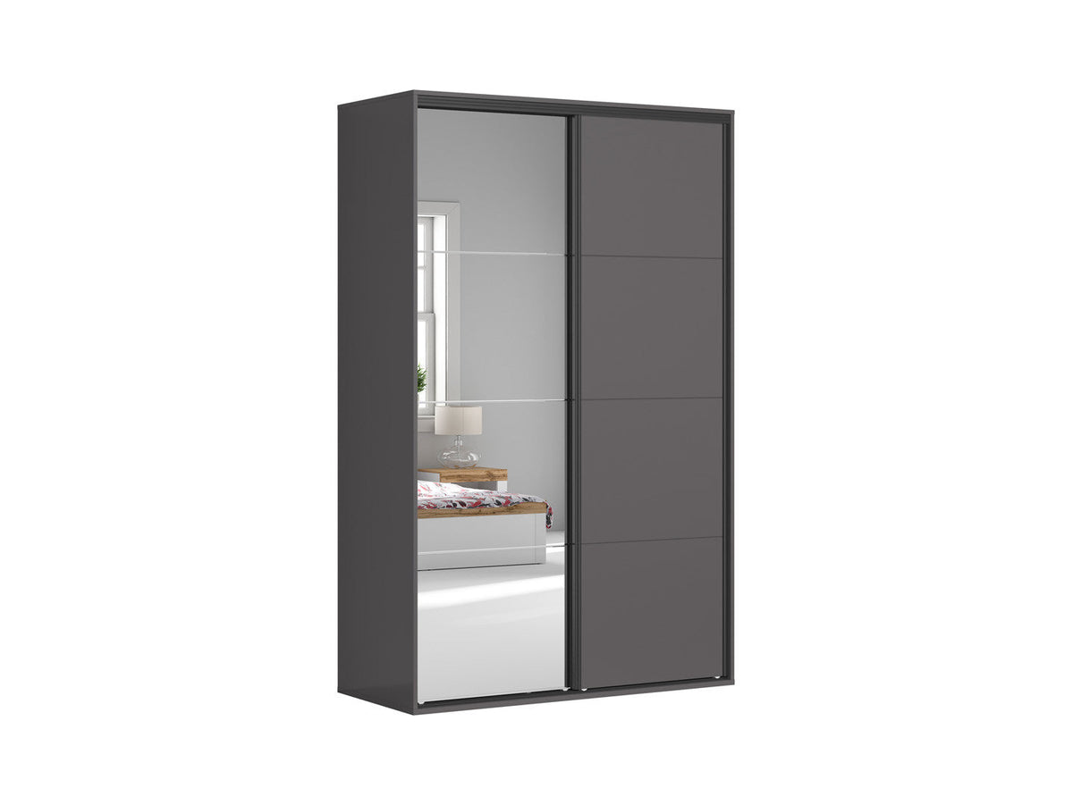 Flex — Sliding Wardrobe 150 × 240 cm | Mirror & Graphite Doors | 7 Shelves & 3 Drawers