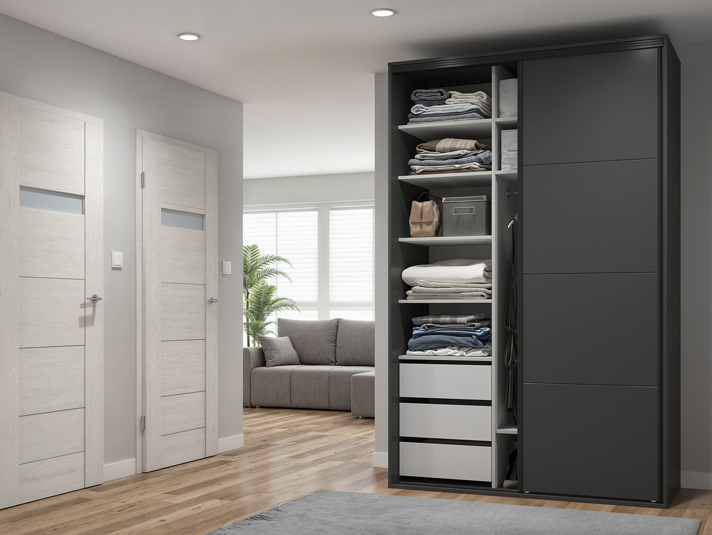 Flex — Sliding Wardrobe 150 × 240 cm | Mirror & Graphite Doors | 7 Shelves & 3 Drawers