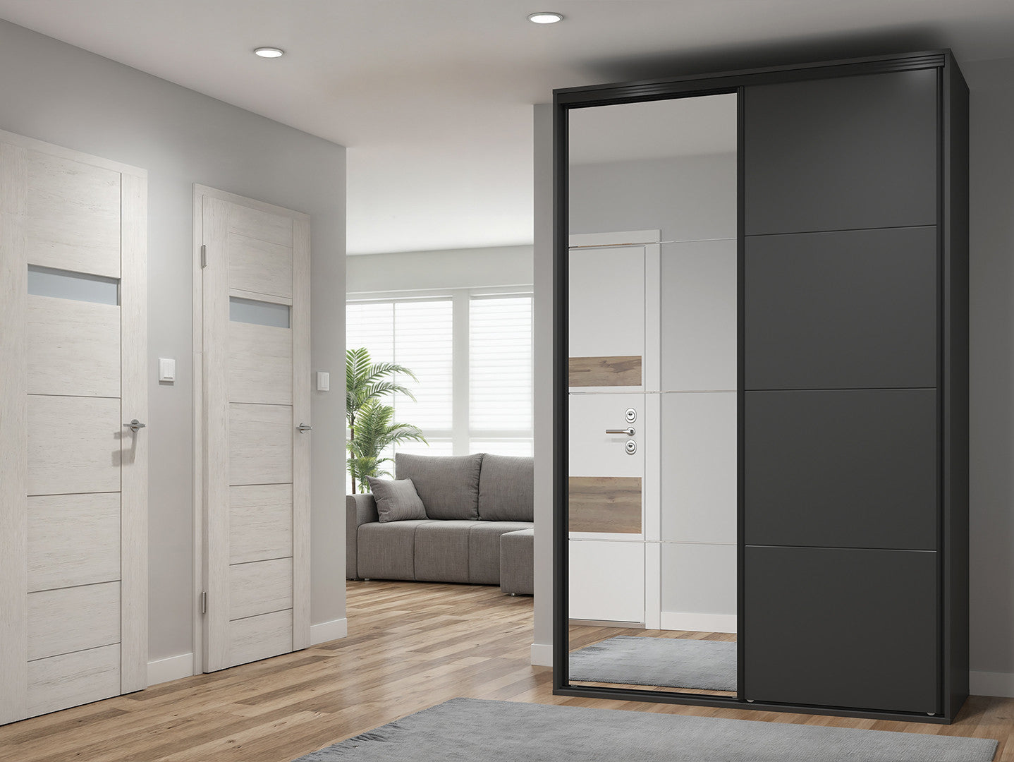 Flex — Sliding Wardrobe 150 × 240 cm | Mirror & Graphite Doors | 7 Shelves & 3 Drawers