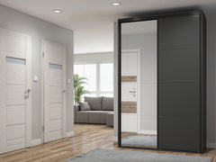 Flex — Sliding Wardrobe 150 × 240 cm | Mirror & Graphite Doors | 7 Shelves & 3 Drawers