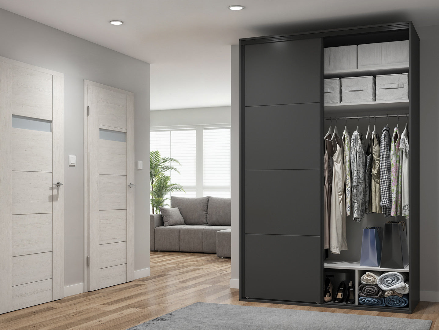 Flex — Sliding Wardrobe 150 × 240 cm | Mirror & Graphite Doors | 7 Shelves & 3 Drawers