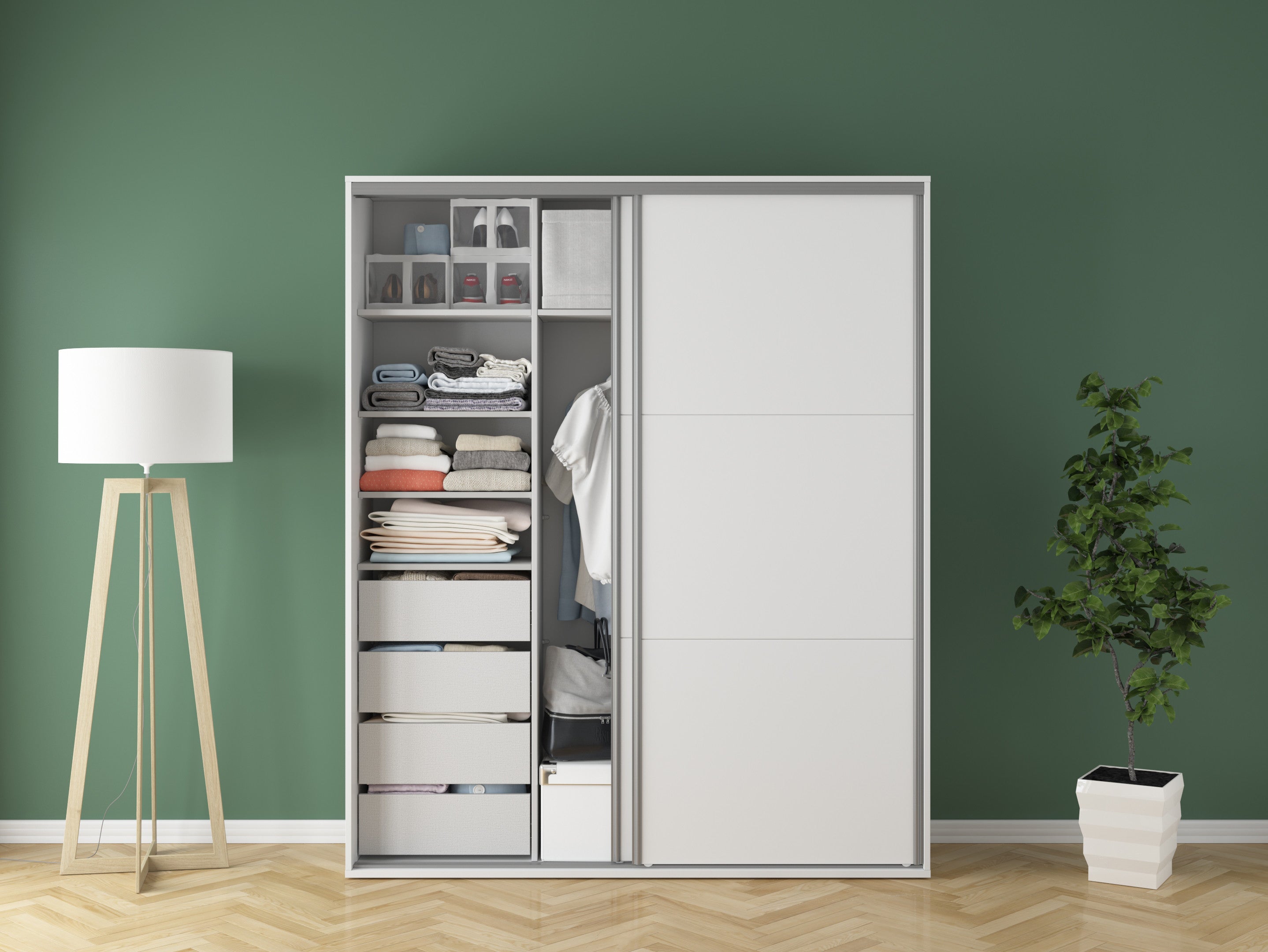 Flex Sliding Wardrobe 180 cm – White, 4 Soft-Close Drawers, 2 Rails, 5 Shelves, 10-Year Warranty