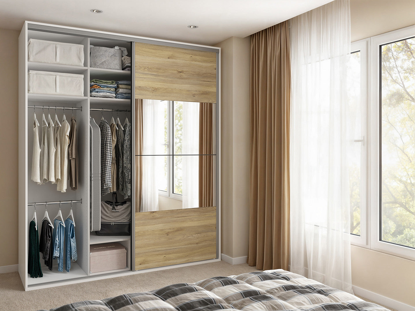 Flex Sliding Door Wardrobe 200 cm – White / Mauvella Oak with Mirrors