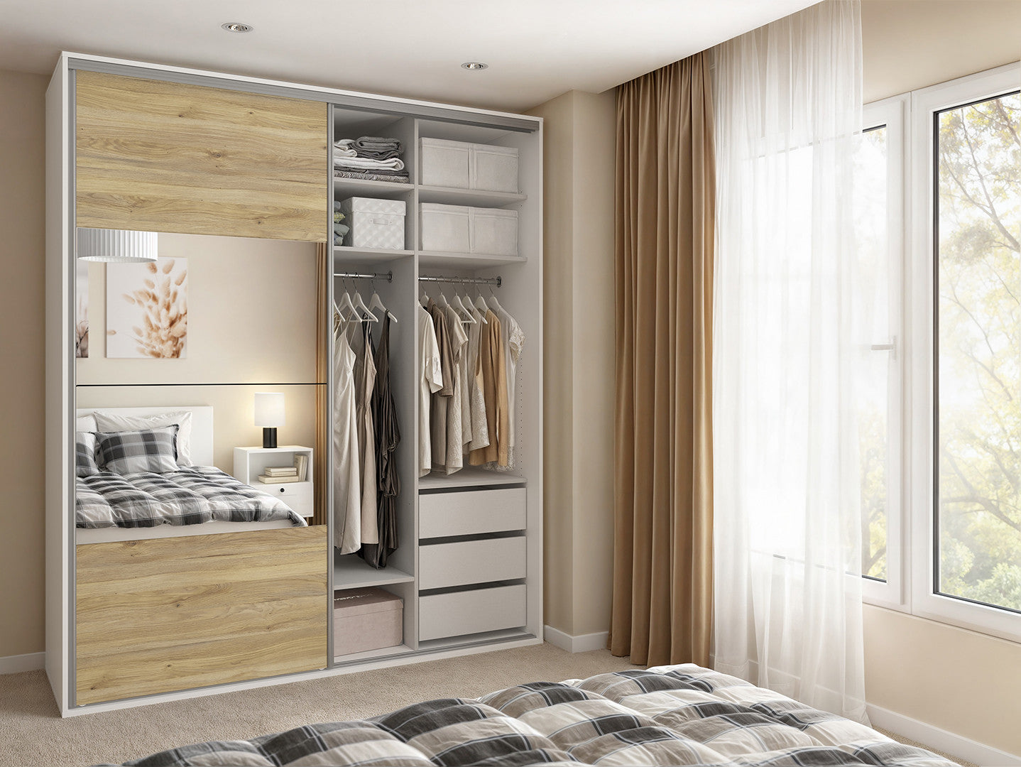 Flex Sliding Door Wardrobe 200 cm – White / Mauvella Oak with Mirrors