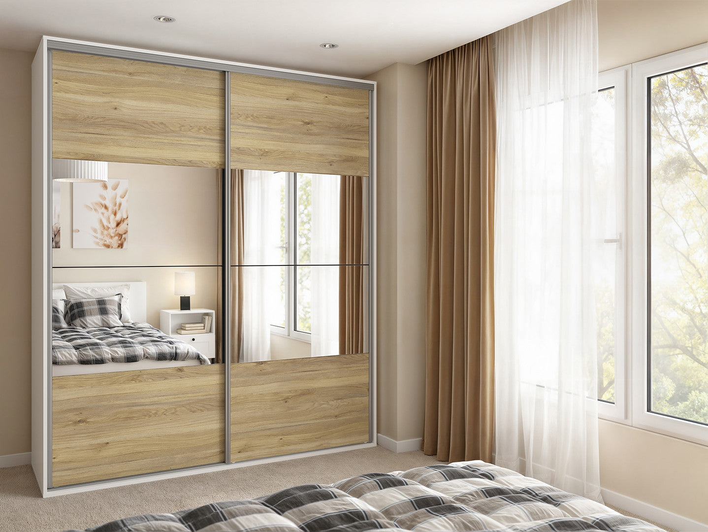 Flex Sliding Door Wardrobe 200 cm – White / Mauvella Oak with Mirrors