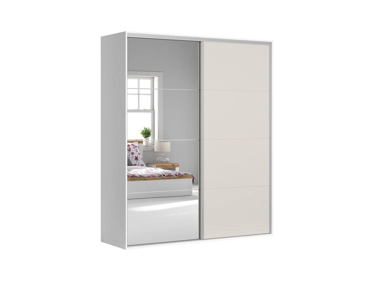 Flex Sliding Wardrobe 200 cm – White & Cashmere | Mirror Sliding Door | 10 Shelves | 2 Hanging Rails | 3 Soft-Close Drawers | Shoe Rack | Grey Canvas Interior | 200×240×66 cm