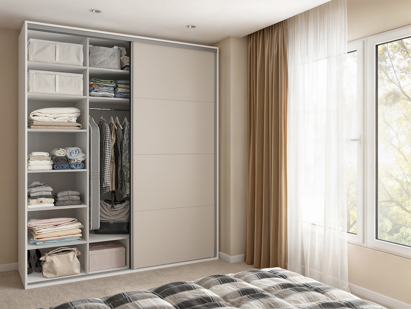 Flex Sliding Wardrobe 200 cm – White & Cashmere | Mirror Sliding Door | 10 Shelves | 2 Hanging Rails | 3 Soft-Close Drawers | Shoe Rack | Grey Canvas Interior | 200×240×66 cm