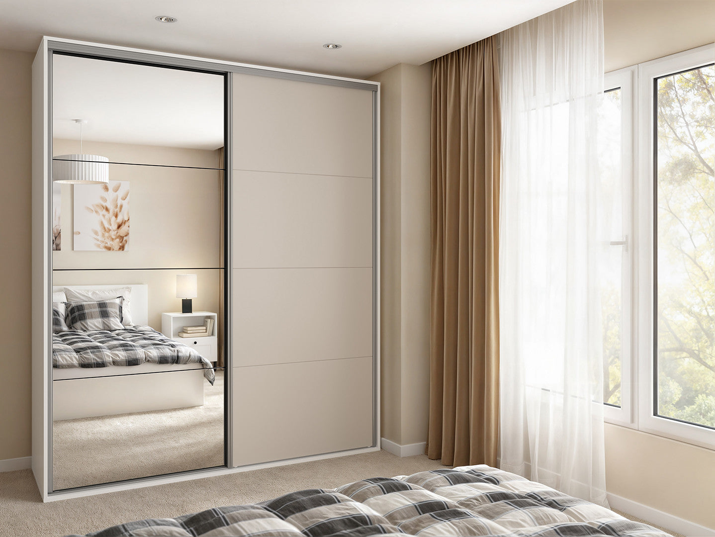 Flex Sliding Wardrobe 200 cm – White & Cashmere | Mirror Sliding Door | 10 Shelves | 2 Hanging Rails | 3 Soft-Close Drawers | Shoe Rack | Grey Canvas Interior | 200×240×66 cm