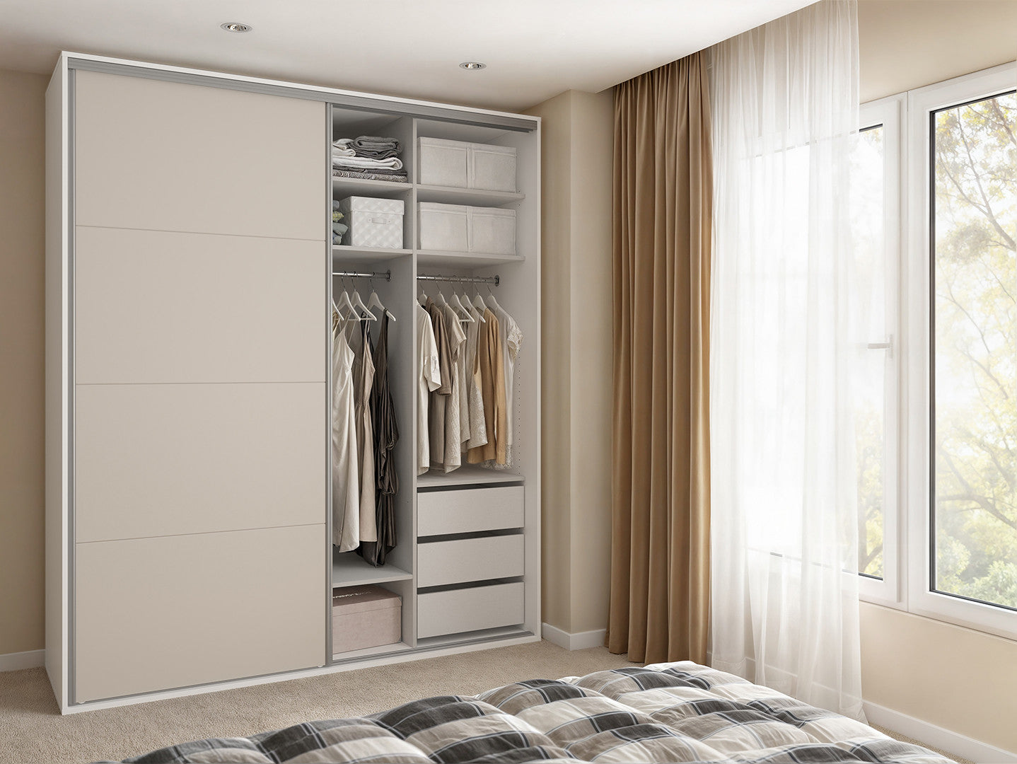 Flex Sliding Wardrobe 200 cm – White & Cashmere | Mirror Sliding Door | 10 Shelves | 2 Hanging Rails | 3 Soft-Close Drawers | Shoe Rack | Grey Canvas Interior | 200×240×66 cm