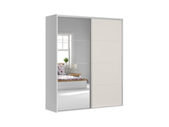 Flex Sliding Wardrobe 200 cm – White & Cashmere | Mirror Sliding Door | 10 Shelves | 2 Hanging Rails | 3 Soft-Close Drawers | Shoe Rack | Grey Canvas Interior | 200×240×66 cm