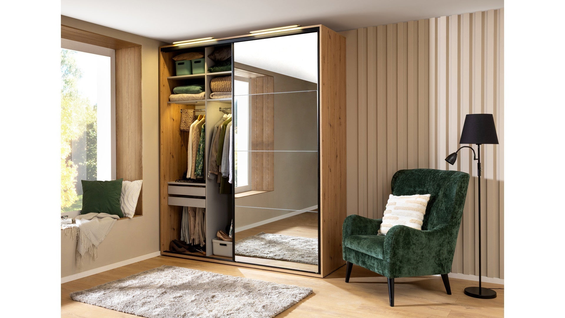 Flex Sliding Wardrobe 200 cm – Artisan Oak & Mirror Door, 6 Shelves, 3 Rails, Soft-Close