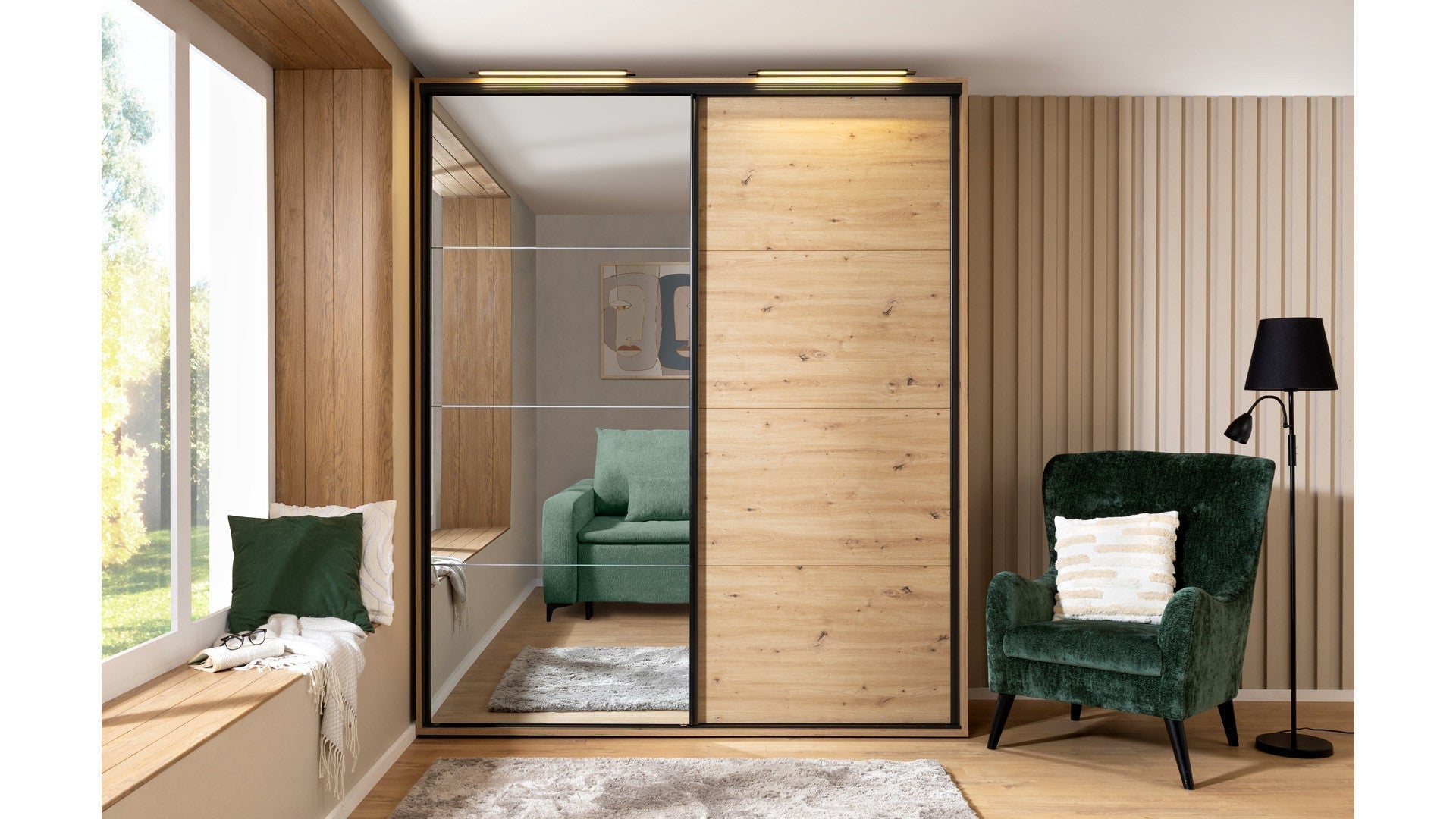 Flex Sliding Wardrobe 200 cm – Artisan Oak & Mirror Door, 6 Shelves, 3 Rails, Soft-Close