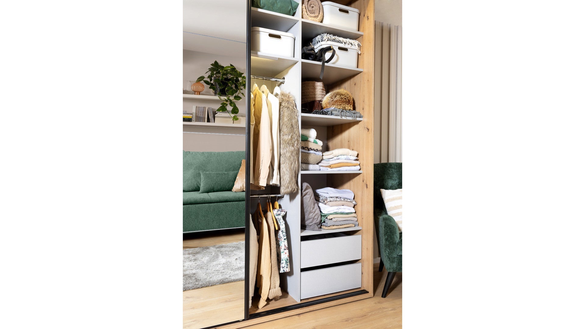Flex Sliding Wardrobe 200 cm – Artisan Oak & Mirror Door, 6 Shelves, 3 Rails, Soft-Close