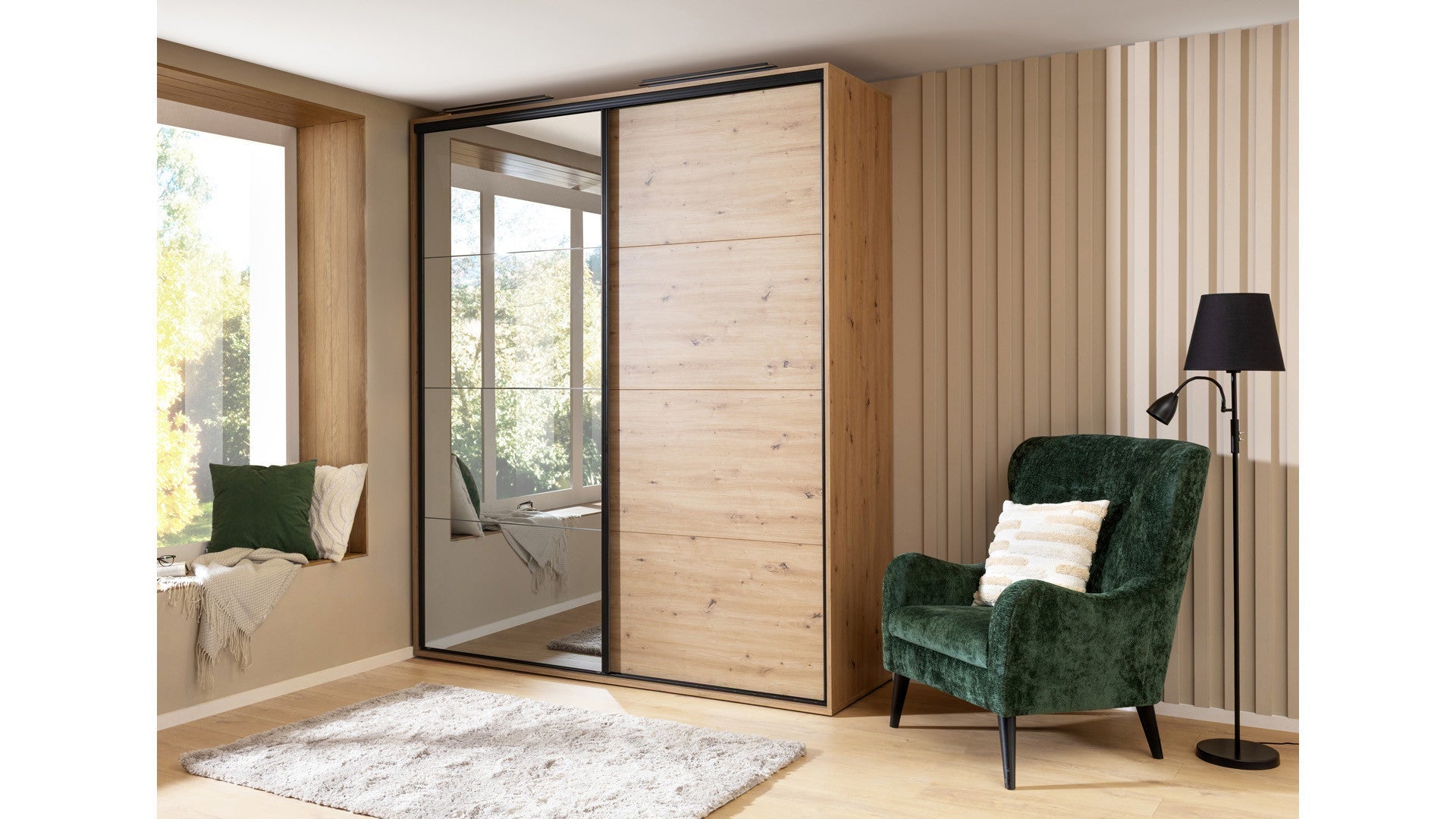 Flex Sliding Wardrobe 200 cm – Artisan Oak & Mirror Door, 6 Shelves, 3 Rails, Soft-Close