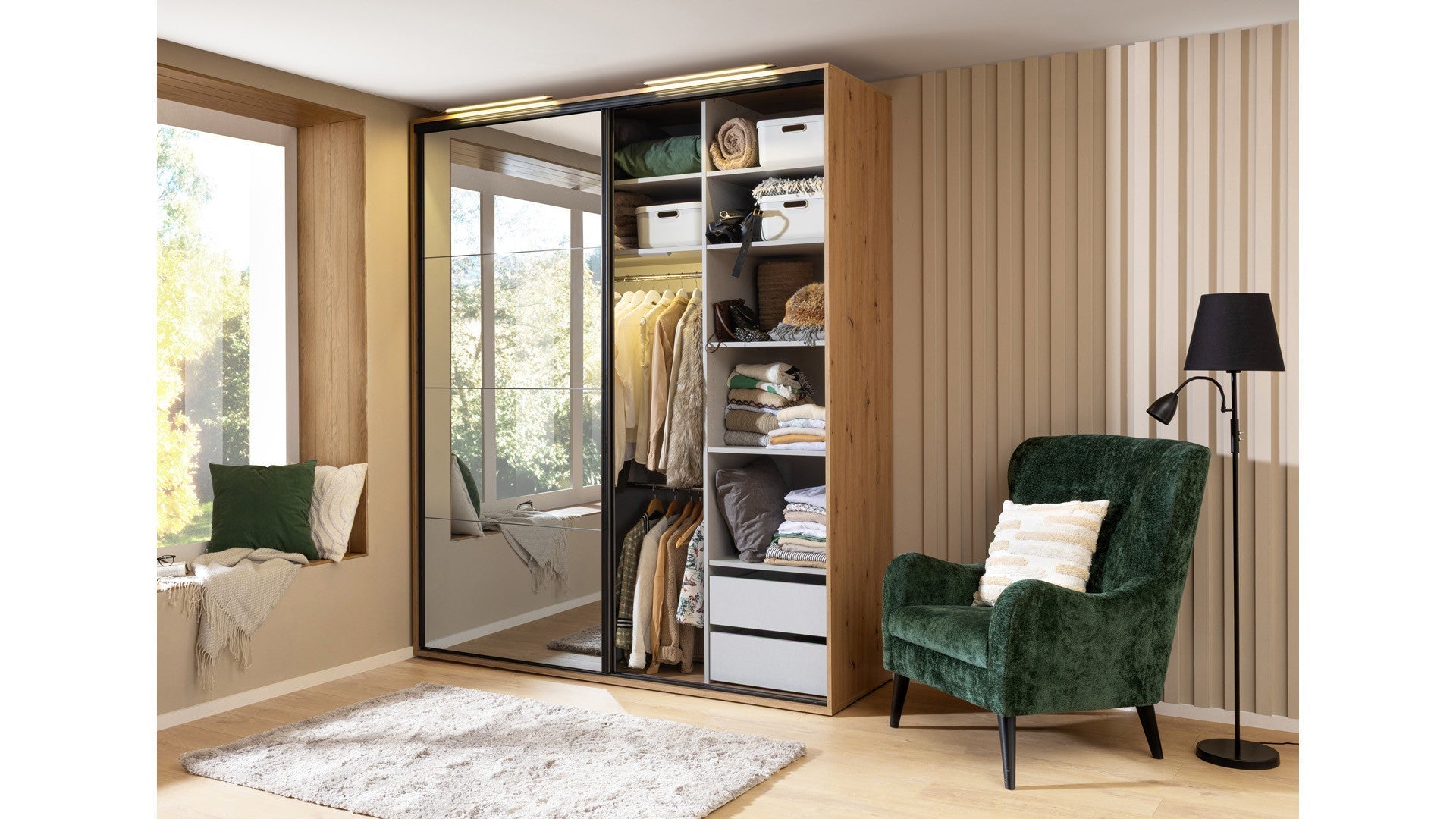 Flex Sliding Wardrobe 200 cm – Artisan Oak & Mirror Door, 6 Shelves, 3 Rails, Soft-Close
