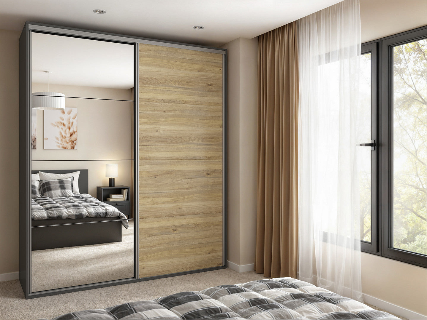 Flex Sliding Wardrobe 200 cm – Graphite & Mauvella Oak with Mirror