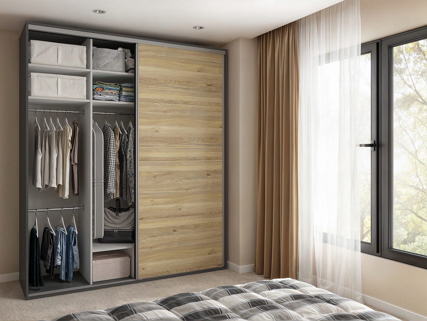 Flex Sliding Wardrobe 200 cm – Graphite & Mauvella Oak with Mirror