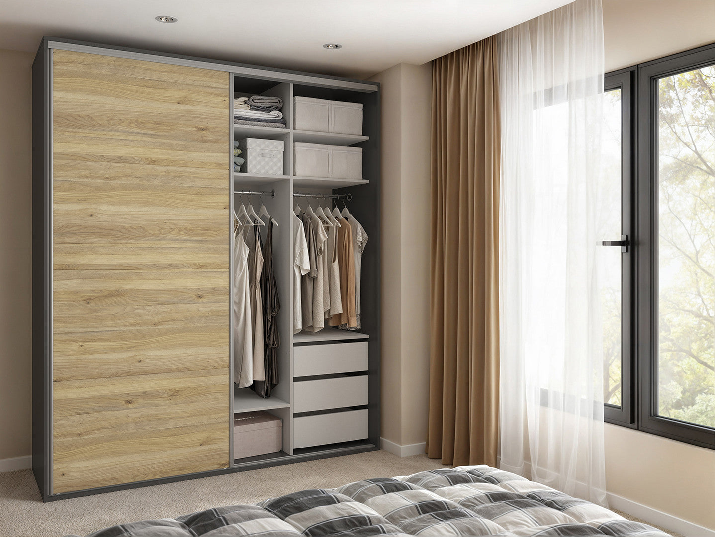 Flex Sliding Wardrobe 200 cm – Graphite & Mauvella Oak with Mirror