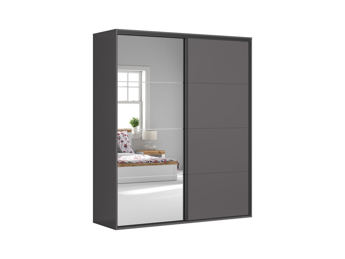 Flex Sliding Wardrobe 200x240 cm – Graphite, Mirror Door, 10 Shelves, 2 Rails, 3 Drawers