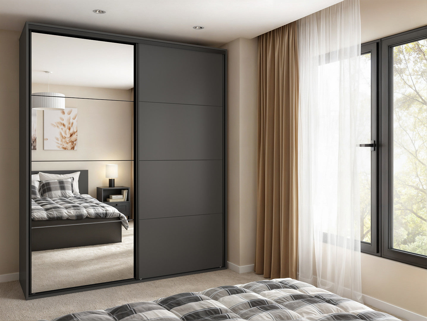 Flex Sliding Wardrobe 200x240 cm – Graphite, Mirror Door, 10 Shelves, 2 Rails, 3 Drawers