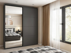 Flex Sliding Wardrobe 200x240 cm – Graphite, Mirror Door, 10 Shelves, 2 Rails, 3 Drawers