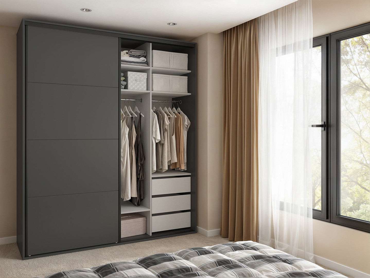 Flex Sliding Wardrobe 200x240 cm – Graphite, Mirror Door, 10 Shelves, 2 Rails, 3 Drawers
