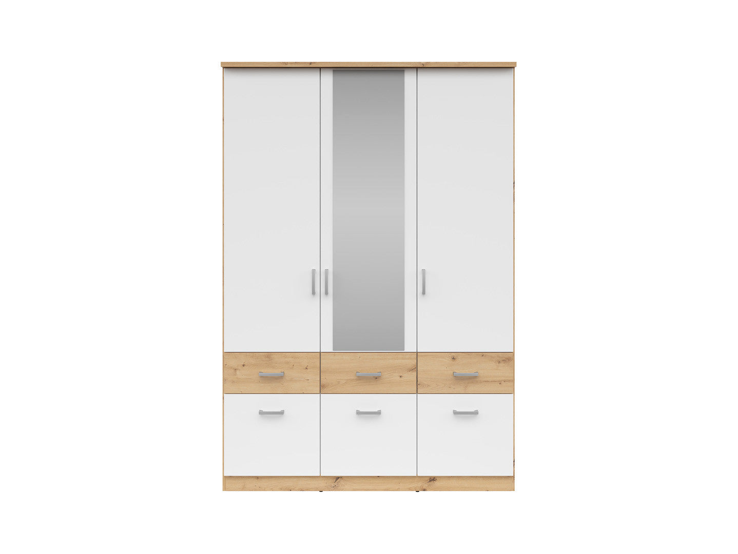 Brando 3 Wardrobe 136 cm – Artisan Oak & White | Mirror Centre Door | 2 Hanging Rails | 6 Drawers | Shelves | 136×199×58 cm
