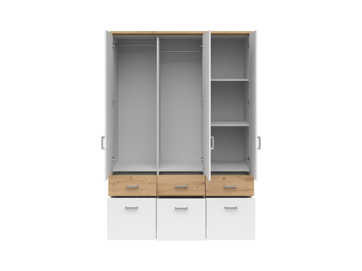Brando 3 Wardrobe 136 cm – Artisan Oak & White | Mirror Centre Door | 2 Hanging Rails | 6 Drawers | Shelves | 136×199×58 cm