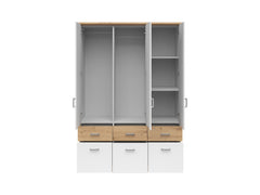 Brando 3 Wardrobe 136 cm – Artisan Oak & White | Mirror Centre Door | 2 Hanging Rails | 6 Drawers | Shelves | 136×199×58 cm
