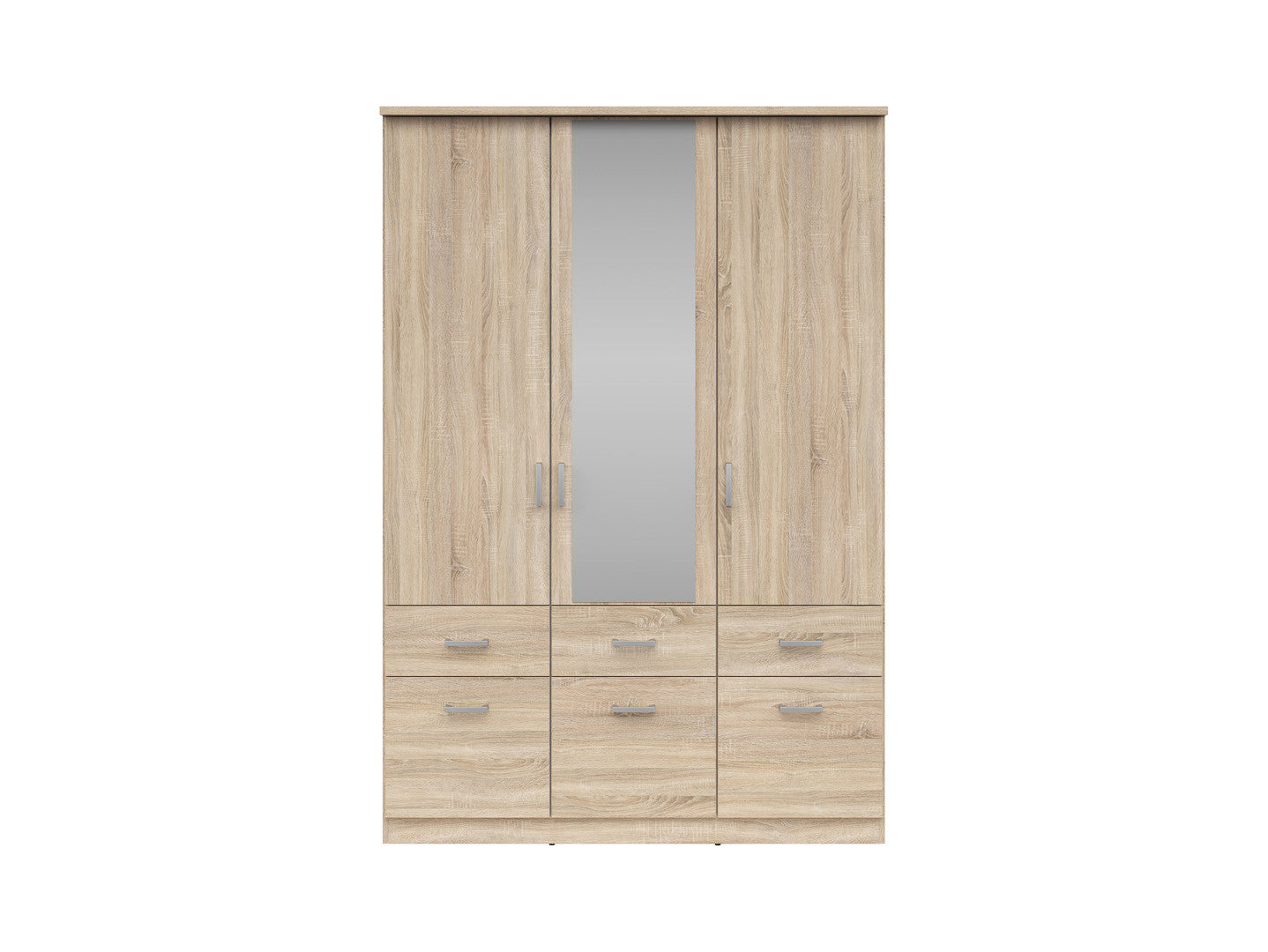 Brando 3 Wardrobe 136×199×58 cm – 3 Doors, Mirror, 2 Hanging Rails, 6 Drawers & Shelves | Sonoma Oak