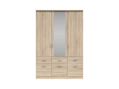 Brando 3 Wardrobe 136×199×58 cm – 3 Doors, Mirror, 2 Hanging Rails, 6 Drawers & Shelves | Sonoma Oak