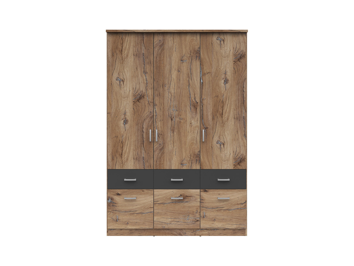 Brando 3 Wardrobe 136x199 cm – 3 Doors, Mirror, 6 Drawers, Dark Flagstaff Oak & Graphite