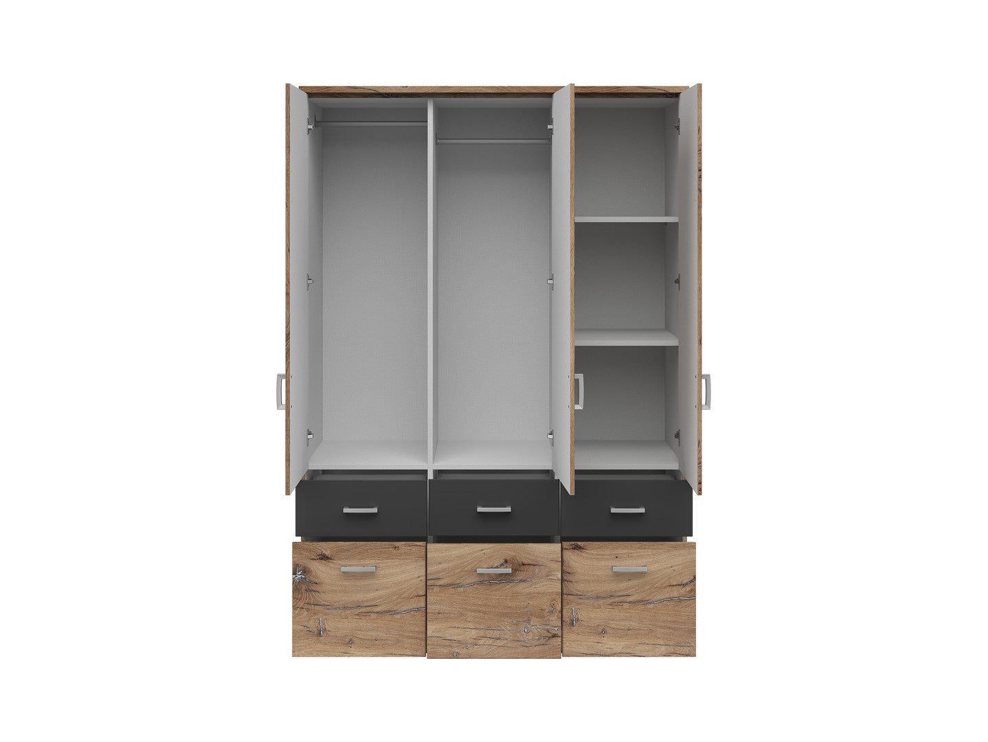 Brando 3 Wardrobe 136x199 cm – 3 Doors, Mirror, 6 Drawers, Dark Flagstaff Oak & Graphite