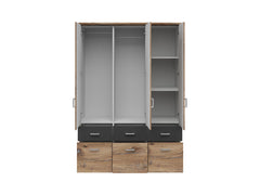 Brando 3 Wardrobe 136x199 cm – 3 Doors, Mirror, 6 Drawers, Dark Flagstaff Oak & Graphite