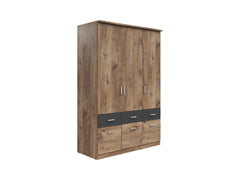 Brando 3 Wardrobe 136x199 cm – 3 Doors, Mirror, 6 Drawers, Dark Flagstaff Oak & Graphite