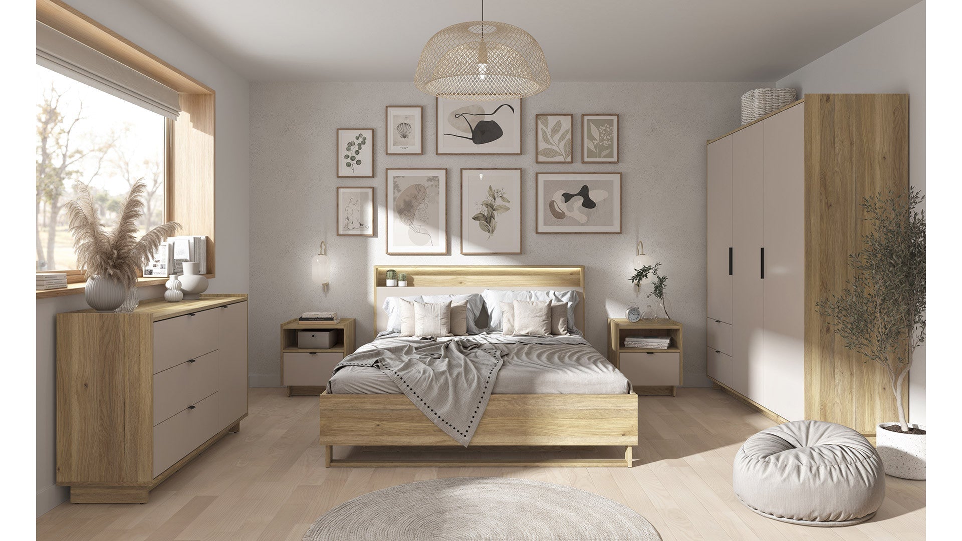 Dalva Wardrobe — 3 Doors, 2 Drawers, Hanging Rail & Shelves, Japandi Style, Mauvella Oak & Kashmir