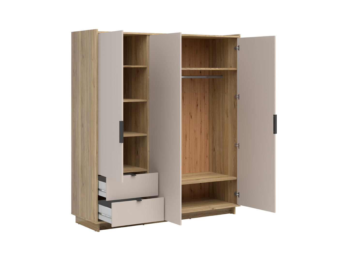 Dalva Wardrobe — 3 Doors, 2 Drawers, Hanging Rail & Shelves, Japandi Style, Mauvella Oak & Kashmir